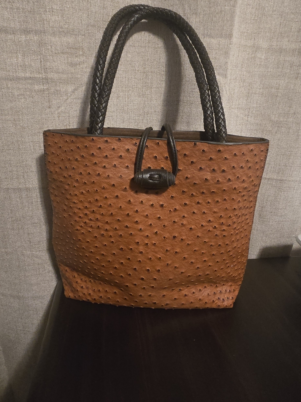 Ostrich Faux Leather Textured Brown Tote with Black Braided Handles Unique